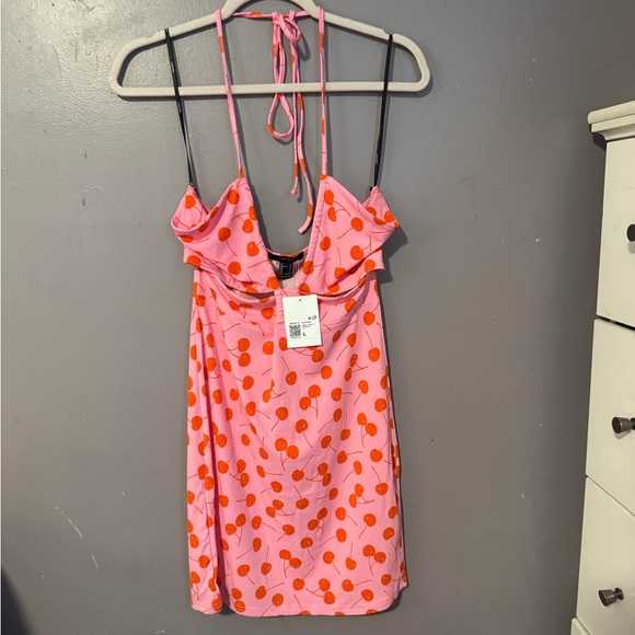 Cherry Print | pink | halter | mini dress | forever 21 | new with tags | size L - Picture 4 of 9